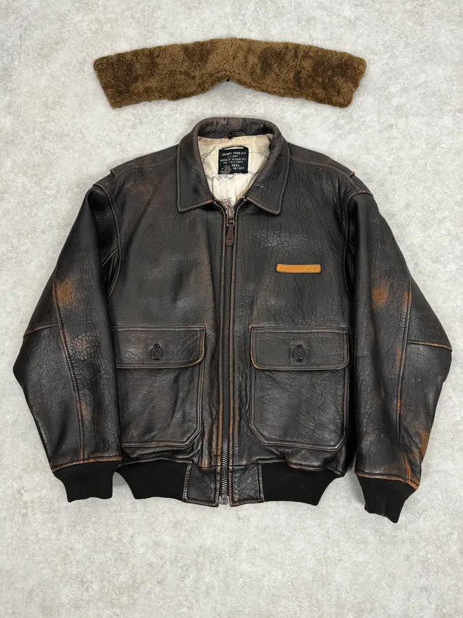 2000s Avirex Brown Pilot Aviator Bomber Jacket SoDOrBA 0