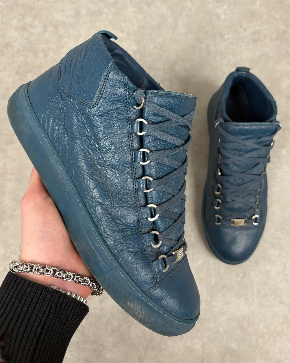 2000s Balenciaga Arena Dark Blue Cracked Leather High Top Sneakers OYlYBhC 0