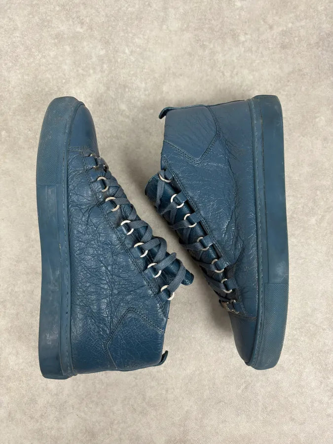 2000s Balenciaga Arena Dark Blue Cracked Leather High Top Sneakers OYlYBhC 1