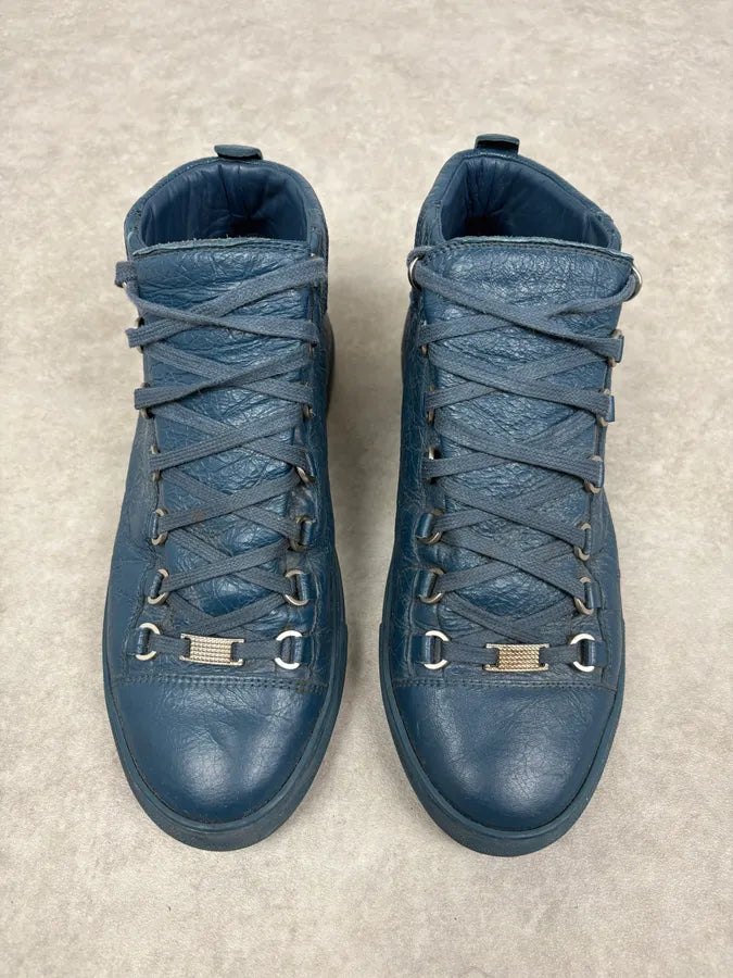 2000s Balenciaga Arena Dark Blue Cracked Leather High Top Sneakers OYlYBhC 2
