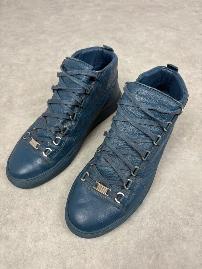2000s Balenciaga Arena Dark Blue Cracked Leather High Top Sneakers OYlYBhC 3