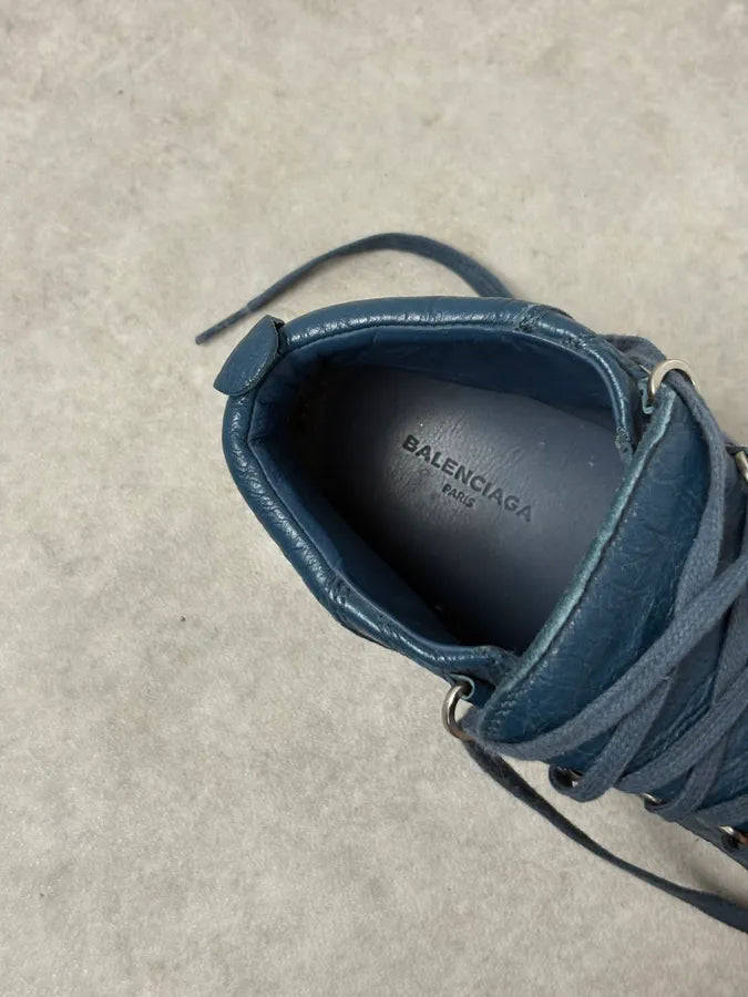 2000s Balenciaga Arena Dark Blue Cracked Leather High Top Sneakers OYlYBhC 6