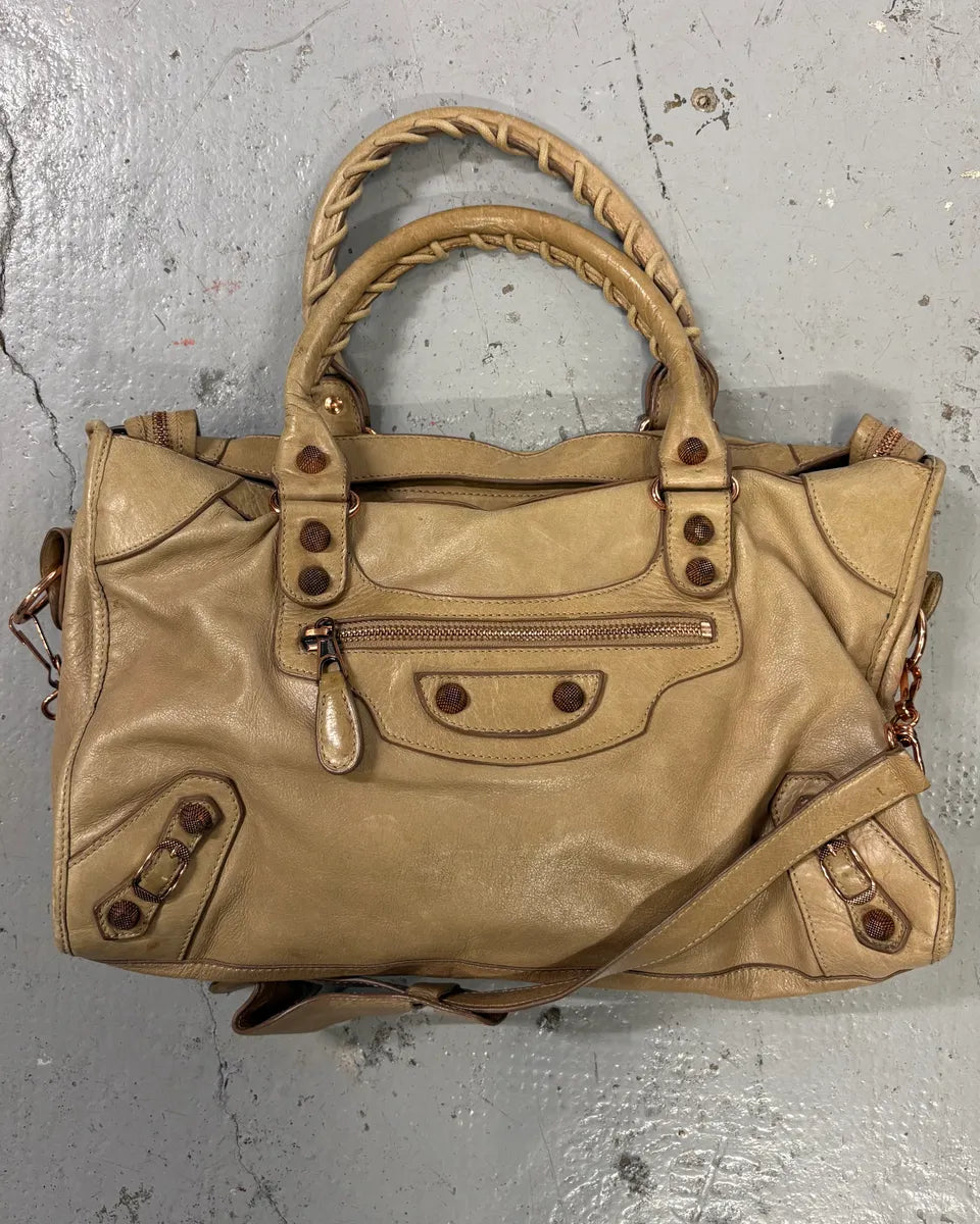 2000s Balenciaga Beige Leather City Bag Studded Hardware Shoulder Bag noBHafk 0