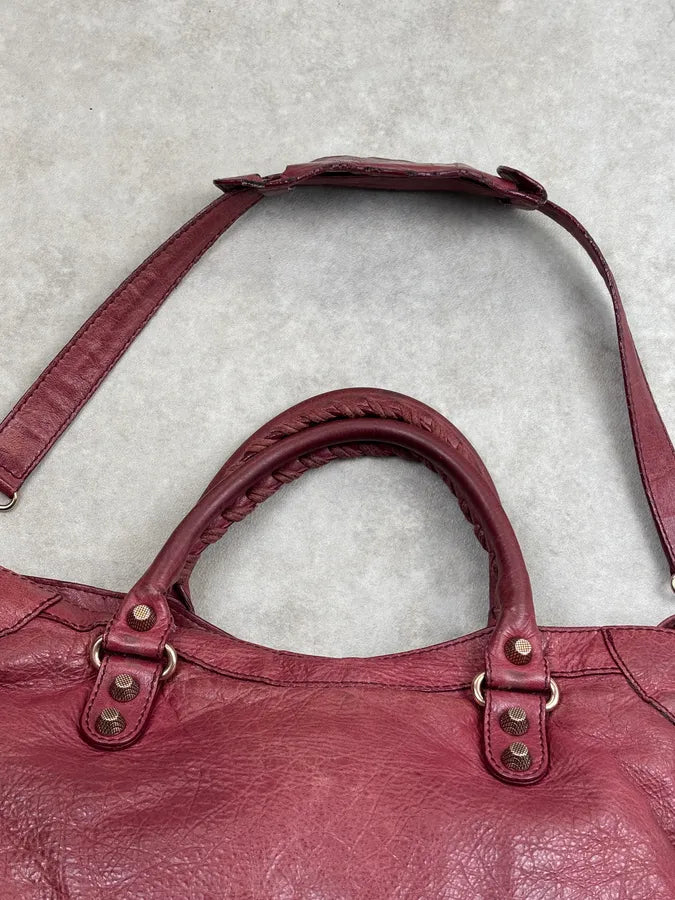 2000s Balenciaga Bordeaux Leather City Handle Bag gXNSNXl 14