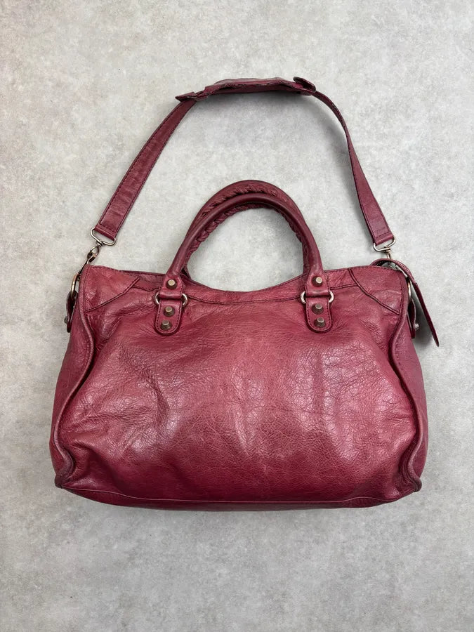 2000s Balenciaga Bordeaux Leather City Handle Bag gXNSNXl 13