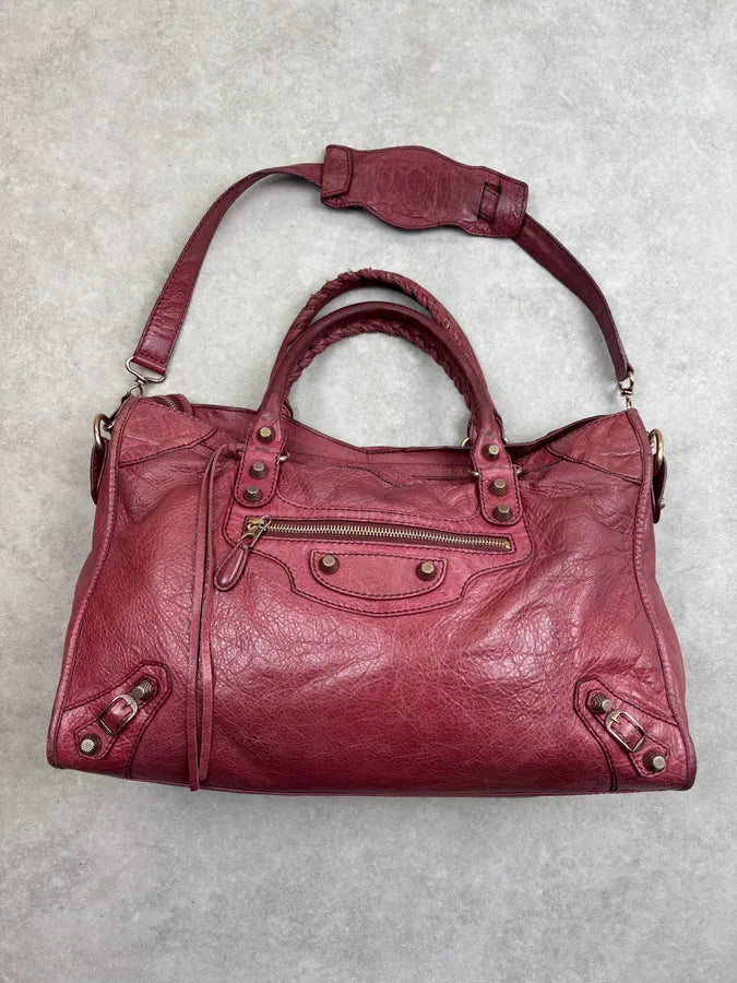 2000s Balenciaga Bordeaux Leather City Handle Bag gXNSNXl 3