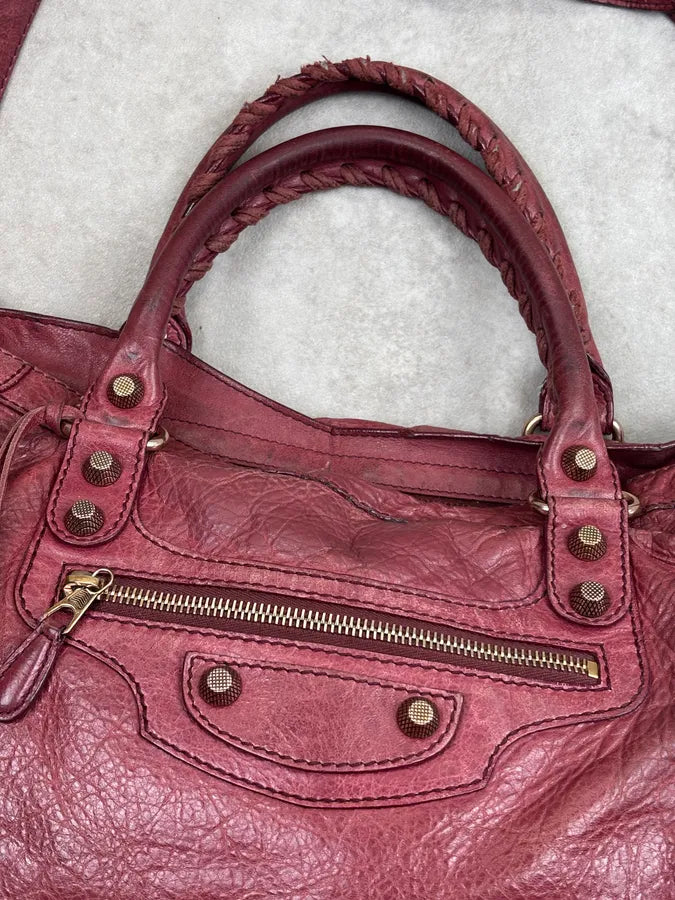 2000s Balenciaga Bordeaux Leather City Handle Bag gXNSNXl 4