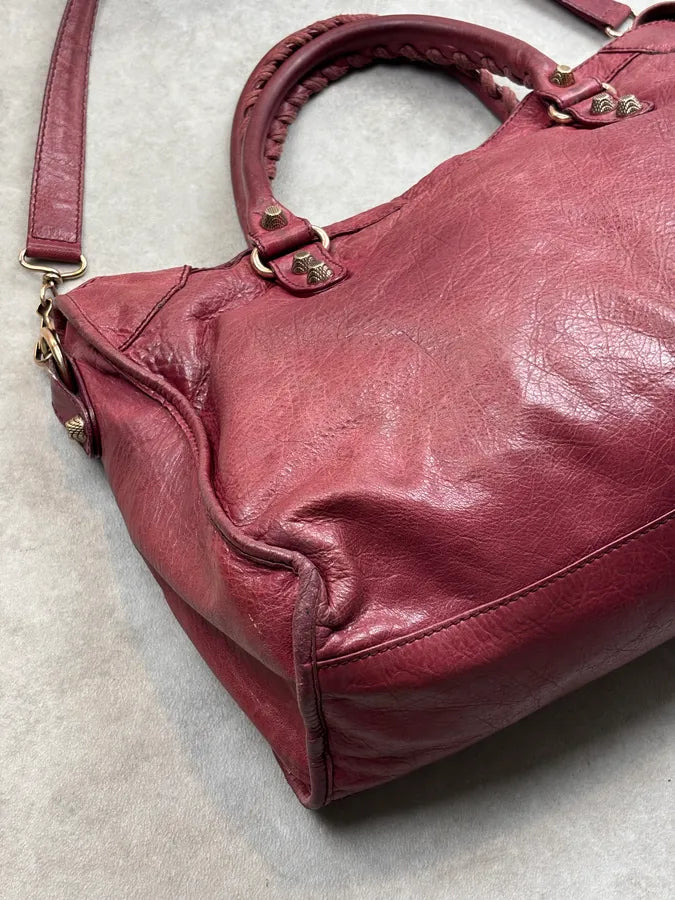 2000s Balenciaga Bordeaux Leather City Handle Bag gXNSNXl 16
