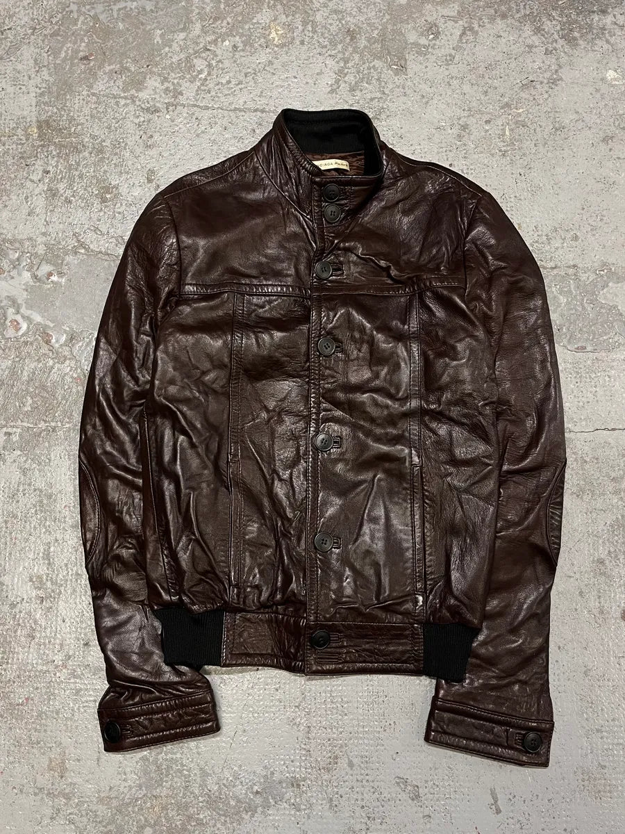 2000s Balenciaga Brown Leather Bomber Jacket jTUDrpy 0