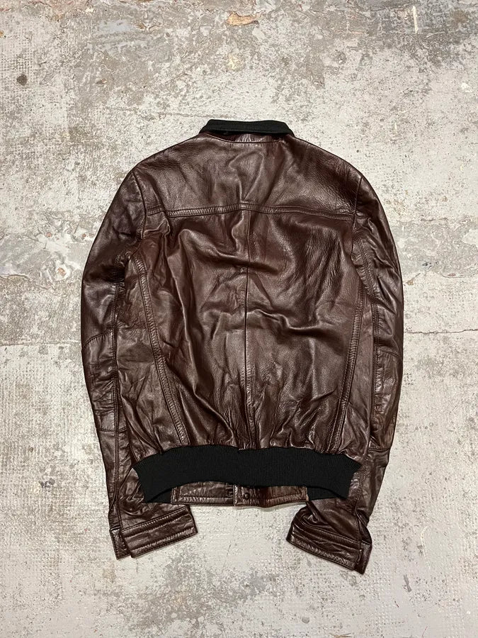 2000s Balenciaga Brown Leather Bomber Jacket jTUDrpy 7