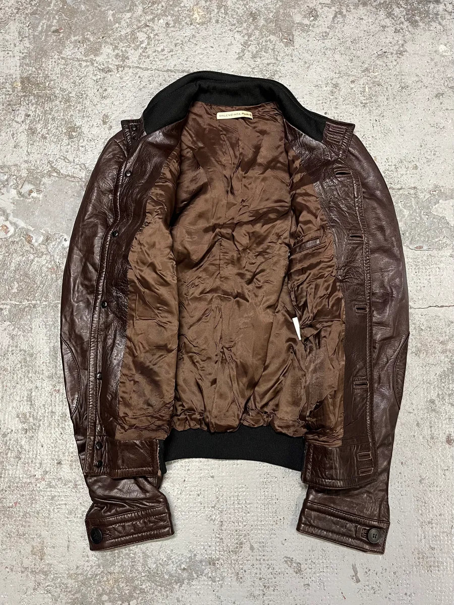 2000s Balenciaga Brown Leather Bomber Jacket jTUDrpy 8