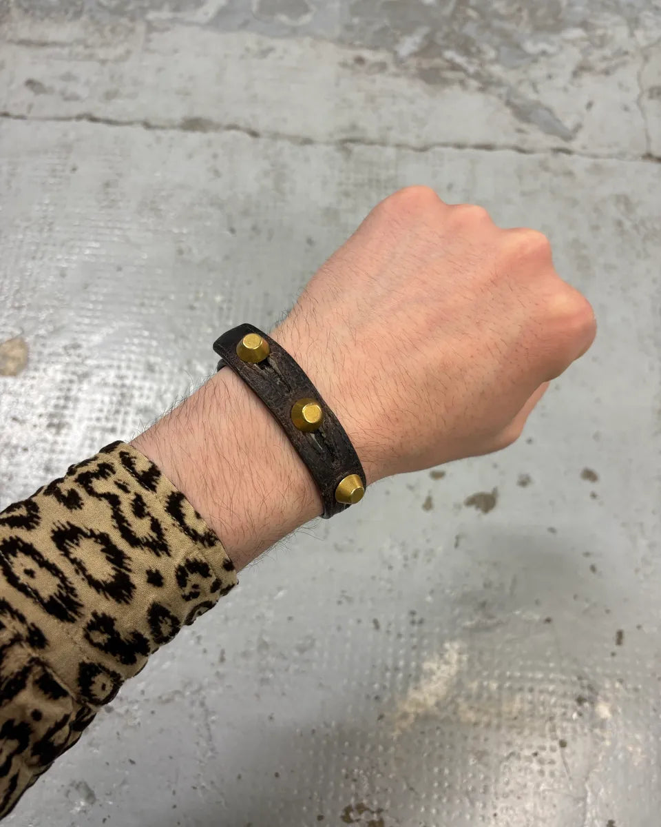 2000s Balenciaga Brown Leather Gold Stud Arena Bracelet AWbHOMJ 0