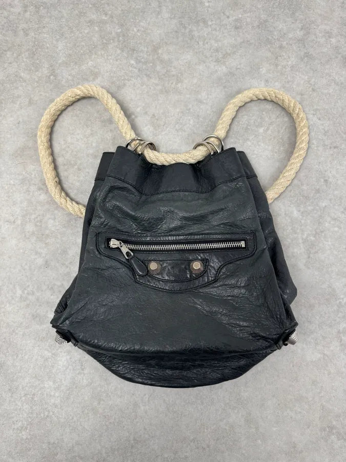 2000s Balenciaga City Black Leather Rope Backpack