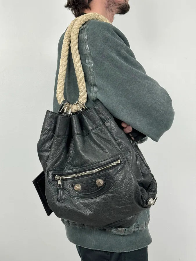 2000s Balenciaga City Black Leather Rope Backpack qtaTlms 2