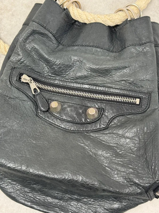 2000s Balenciaga City Black Leather Rope Backpack qtaTlms 4