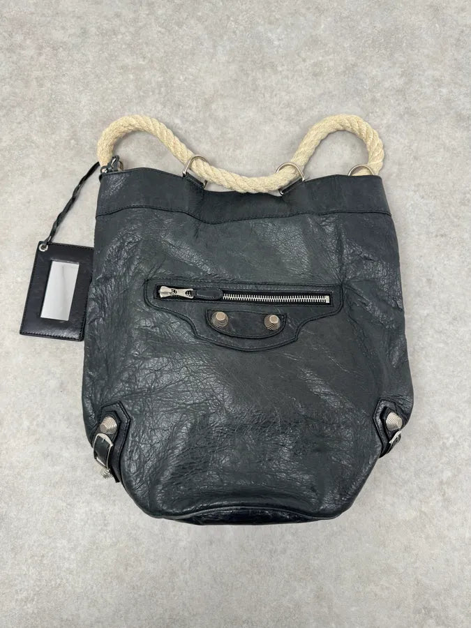 2000s Balenciaga City Black Leather Rope Backpack qtaTlms 8