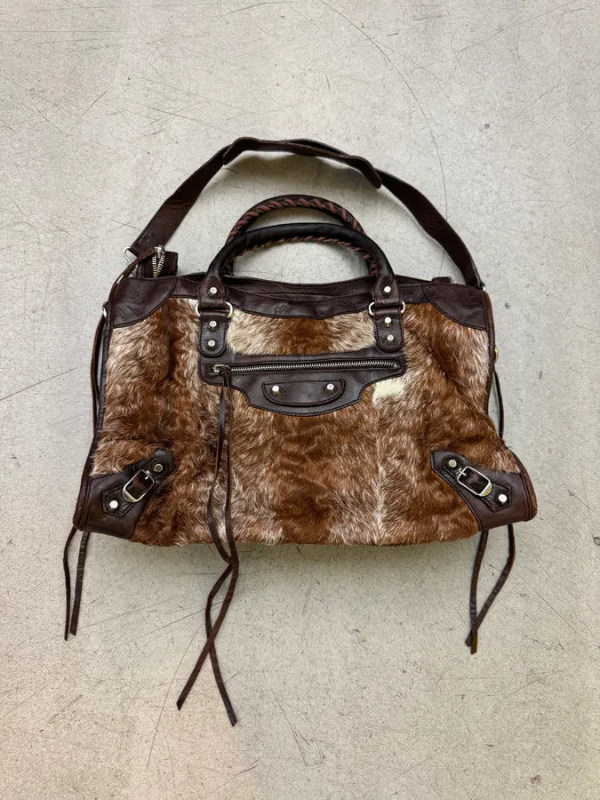 2000s Balenciaga City Brown Pony Hair Leather Moto Handle Bag ZXvumaF 0
