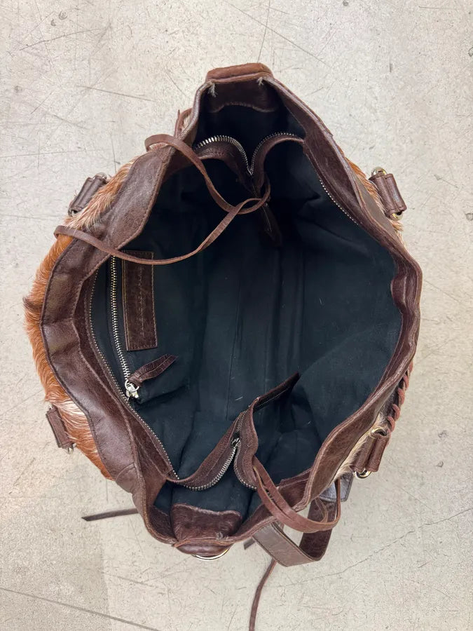 2000s Balenciaga City Brown Pony Hair Leather Moto Handle Bag ZXvumaF 11