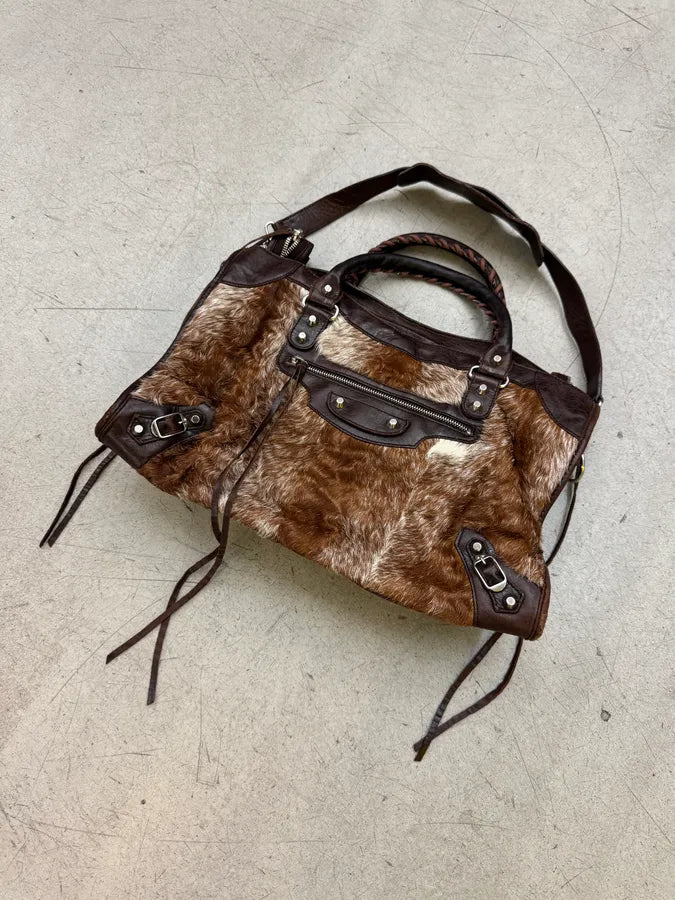 2000s Balenciaga City Brown Pony Hair Leather Moto Handle Bag ZXvumaF 3