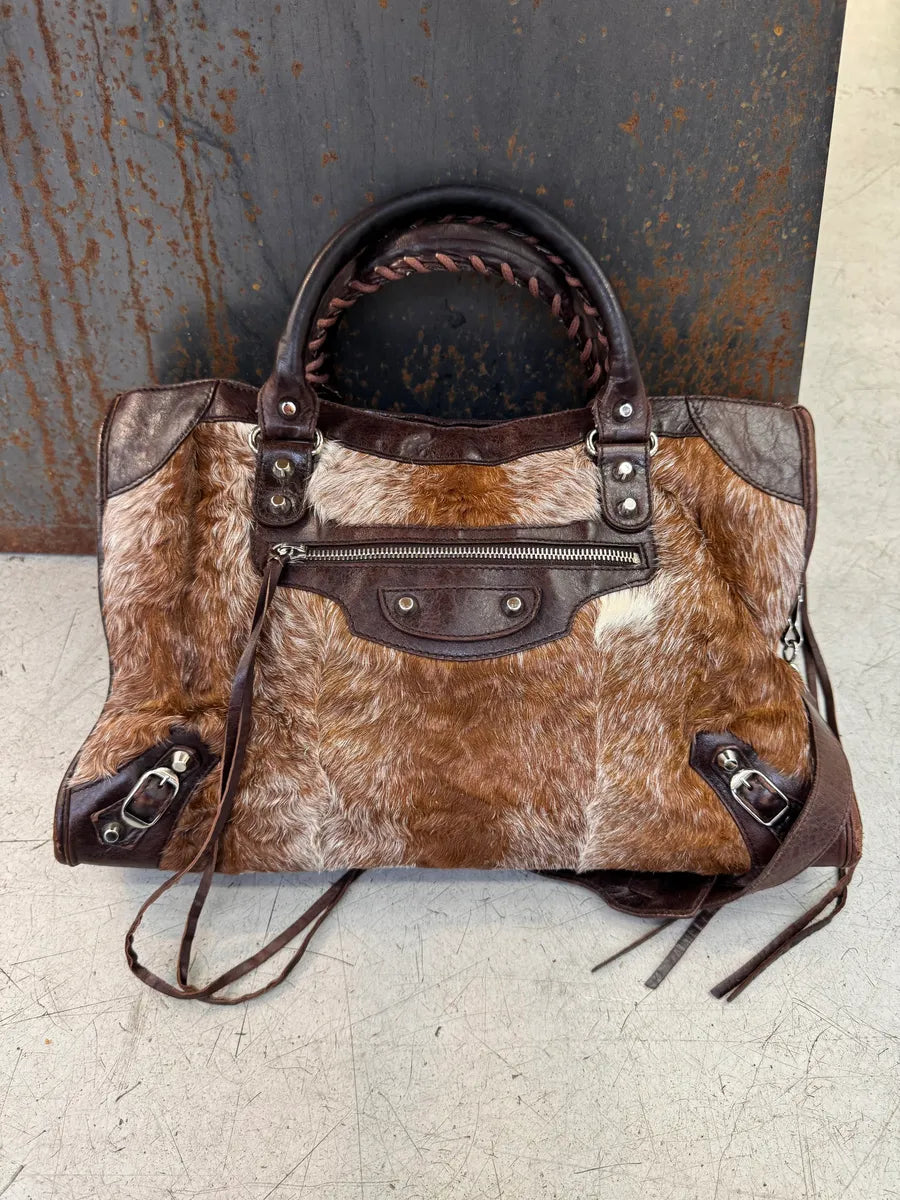 2000s Balenciaga City Brown Pony Hair Leather Moto Handle Bag ZXvumaF 4