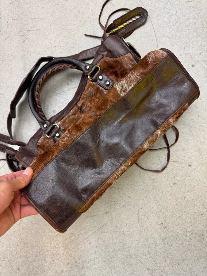 2000s Balenciaga City Brown Pony Hair Leather Moto Handle Bag ZXvumaF 5