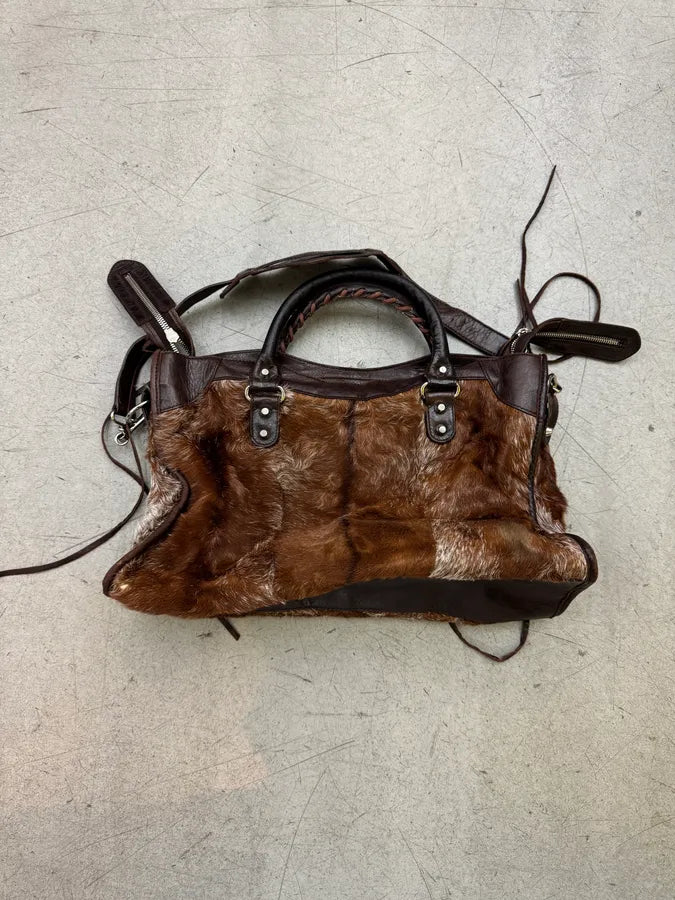 2000s Balenciaga City Brown Pony Hair Leather Moto Handle Bag ZXvumaF 6