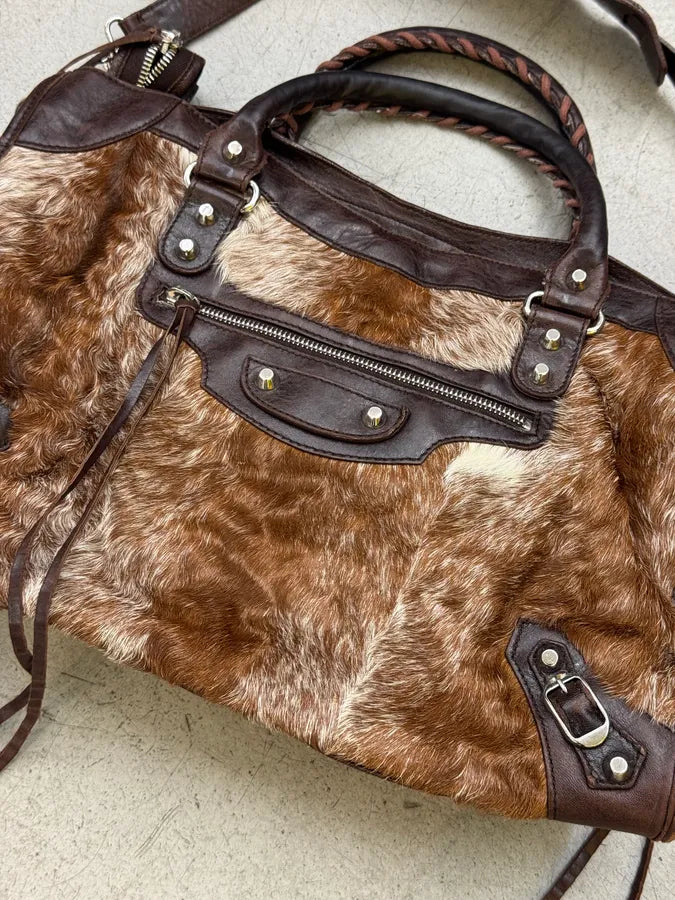2000s Balenciaga City Brown Pony Hair Leather Moto Handle Bag ZXvumaF 8