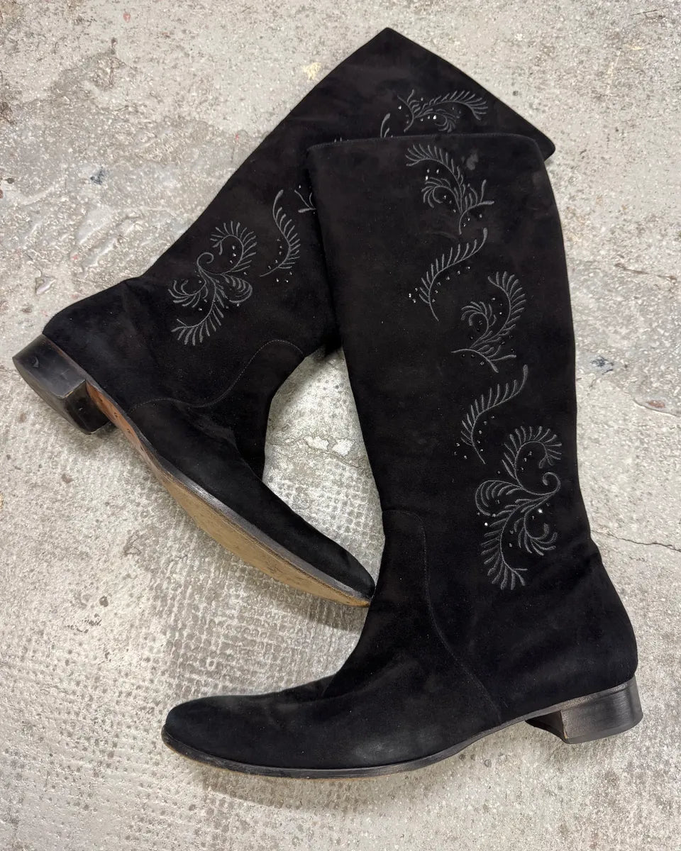 2000s Balenciaga Floral Black Suede Leather Boots eNmPPyZ 0