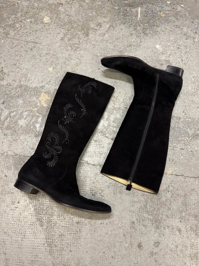 2000s Balenciaga Floral Black Suede Leather Boots eNmPPyZ 1