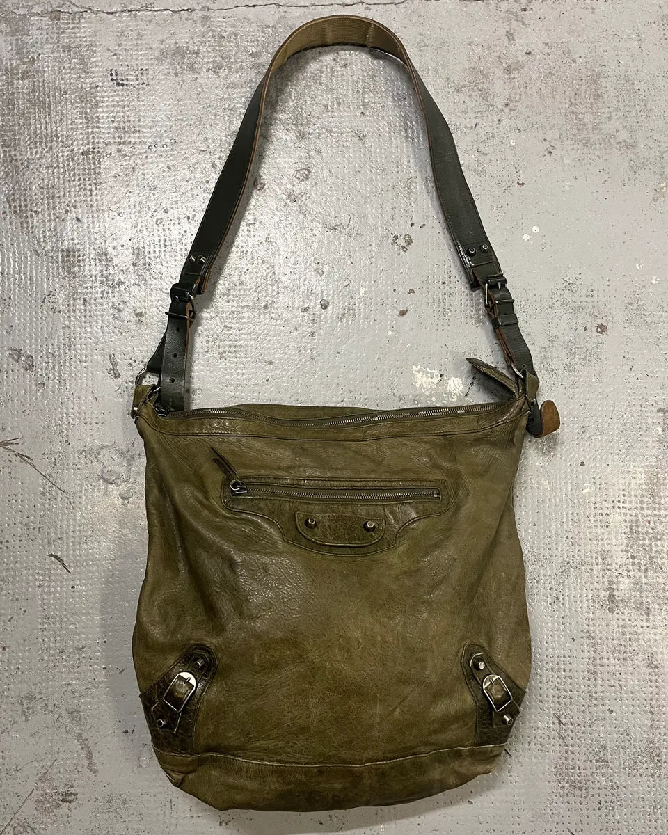 2000s Balenciaga Khaki Leather Multi-Pocket Shoulder Bag szuXXha 0