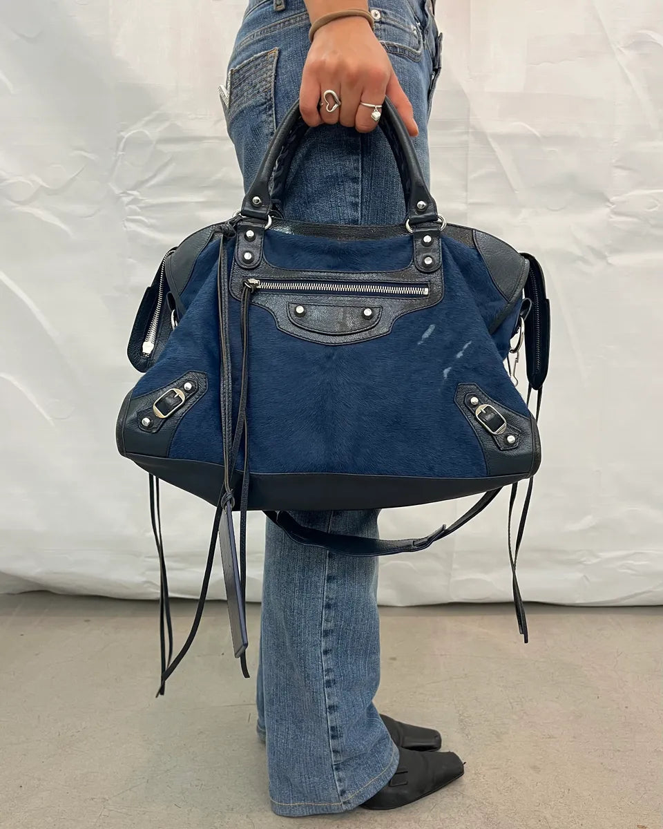 2000s Balenciaga Navy Calf Hair City Bag UUXfsJn 1