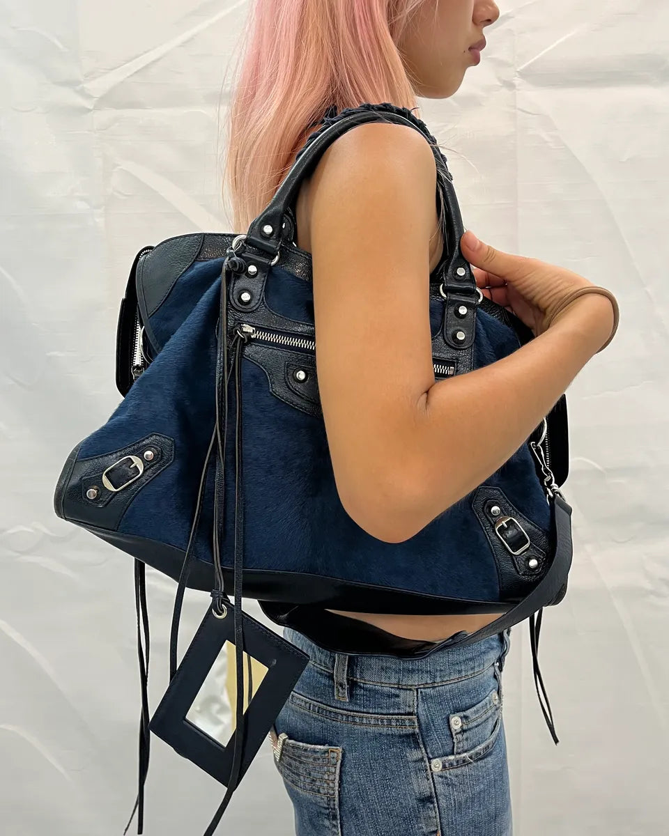 2000s Balenciaga Navy Calf Hair City Bag UUXfsJn 2