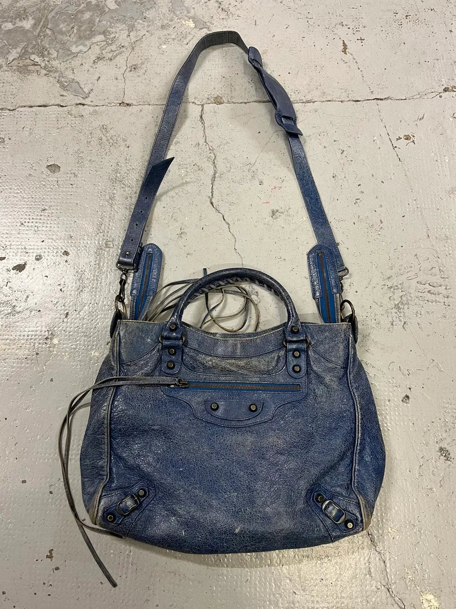 2000s Balenciaga Studded Blue Eroded Leather City Bag pUdUjVf 0