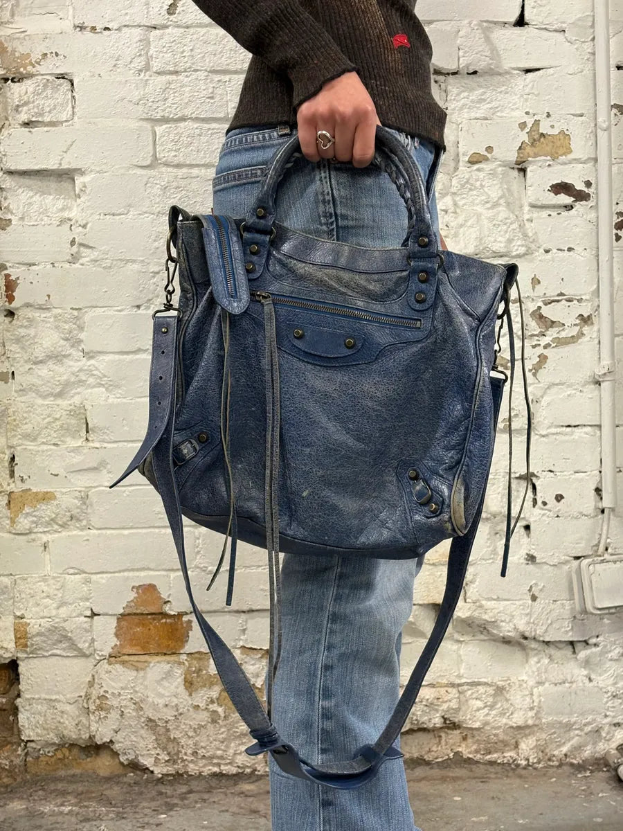 2000s Balenciaga Studded Blue Eroded Leather City Bag pUdUjVf 1