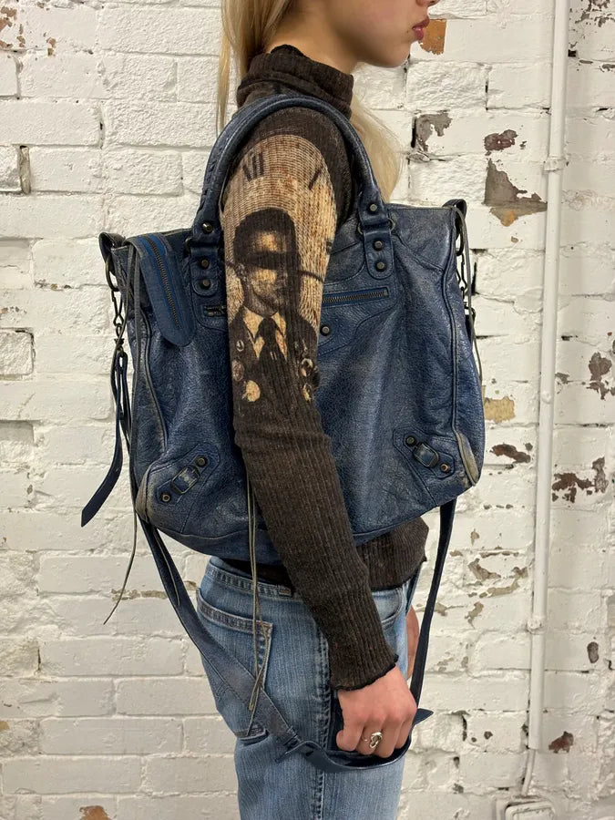 2000s Balenciaga Studded Blue Eroded Leather City Bag pUdUjVf 2