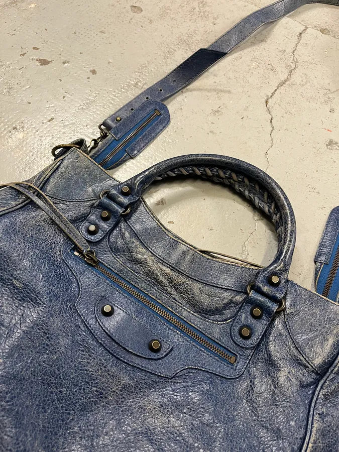 2000s Balenciaga Studded Blue Eroded Leather City Bag pUdUjVf 3