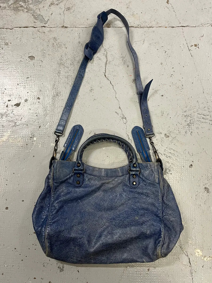 2000s Balenciaga Studded Blue Eroded Leather City Bag pUdUjVf 6