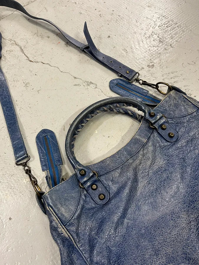 2000s Balenciaga Studded Blue Eroded Leather City Bag pUdUjVf 7