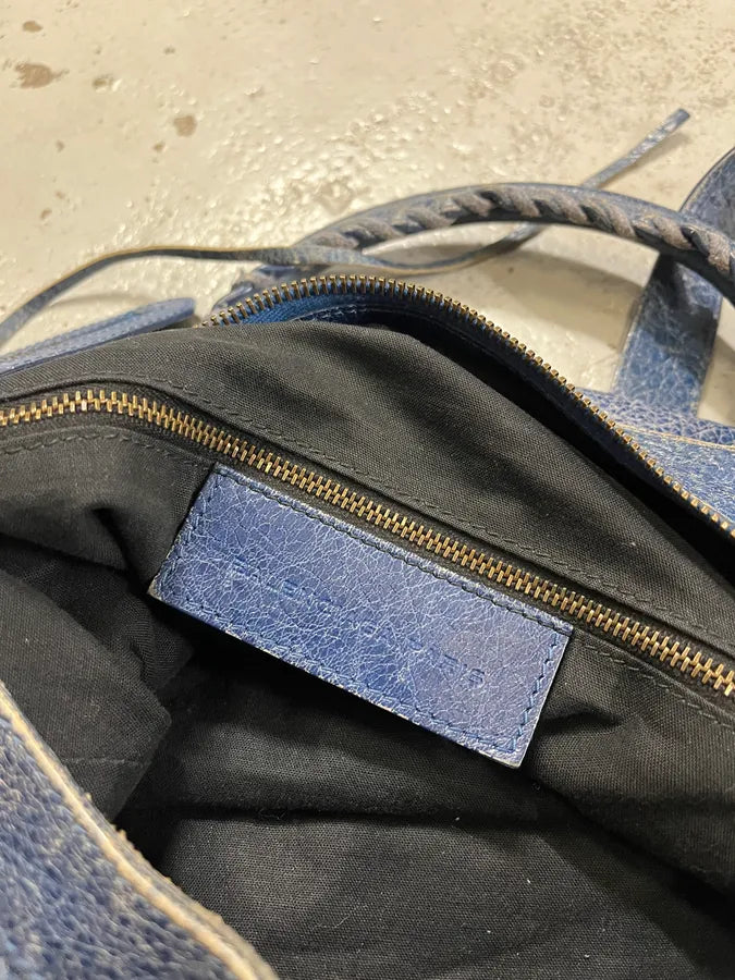 2000s Balenciaga Studded Blue Eroded Leather City Bag pUdUjVf 9