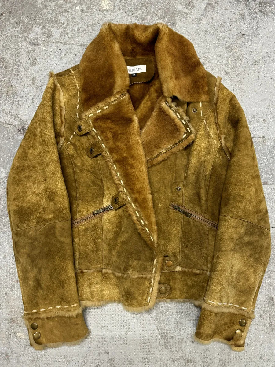 2000s Balmain Asymmetrical Camel Fur Suede Leather Jacket (M) 0