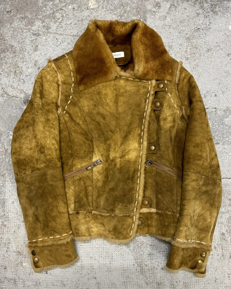 2000s Balmain Asymmetrical Camel Fur Suede Leather Jacket (M) 2