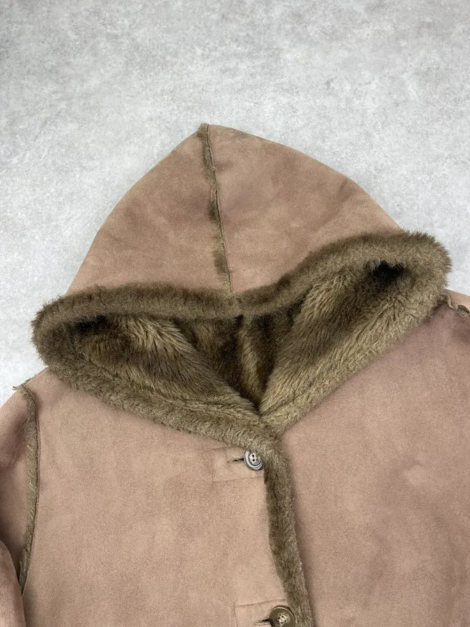 Balmain Beige Faux Fur & Brown Leather Reversible Hooded Coat IqwymKz 6