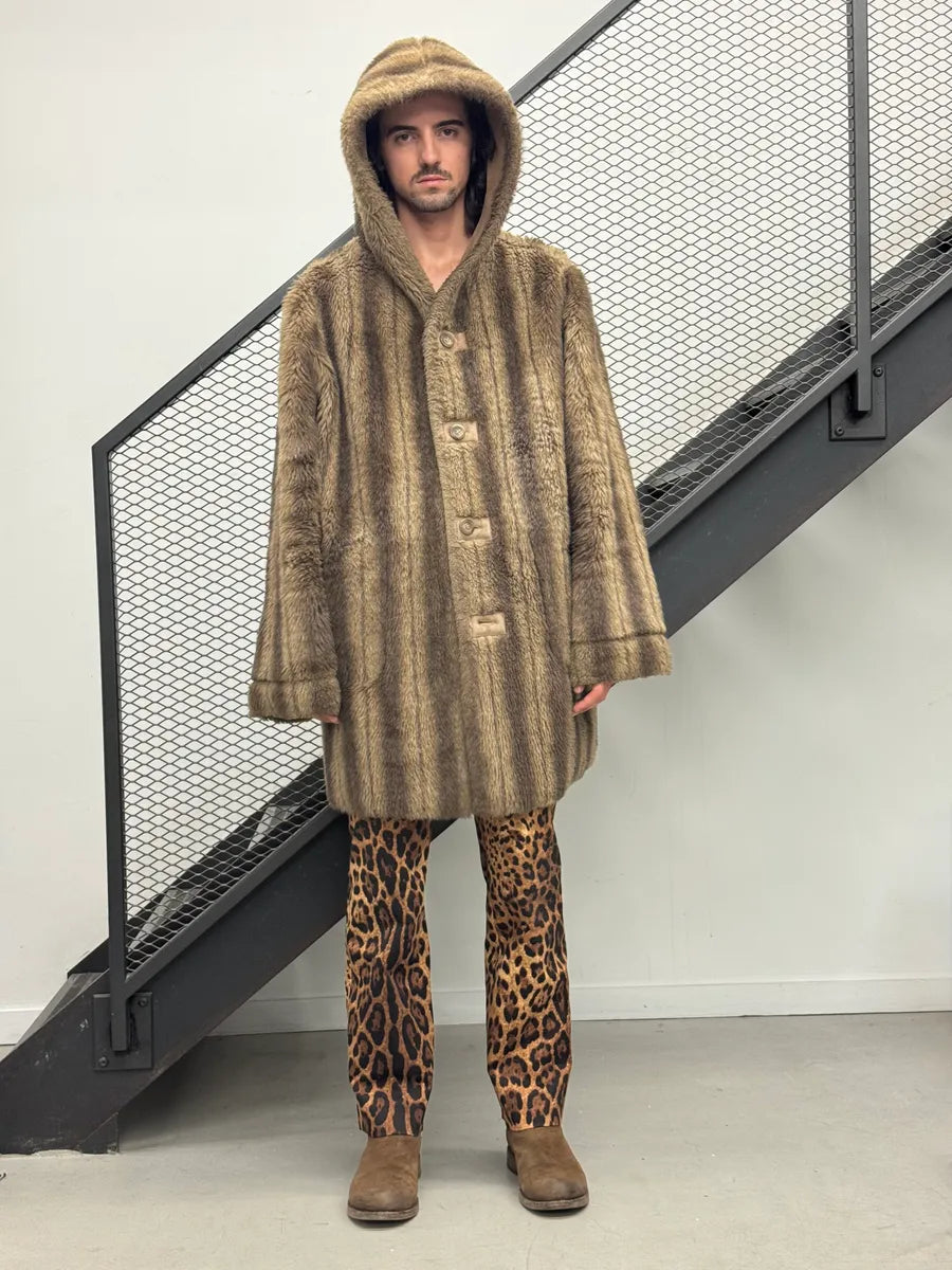 Balmain Beige Faux Fur & Brown Leather Reversible Hooded Coat IqwymKz 1