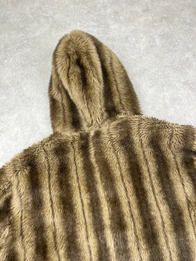 Balmain Beige Faux Fur & Brown Leather Reversible Hooded Coat IqwymKz 10