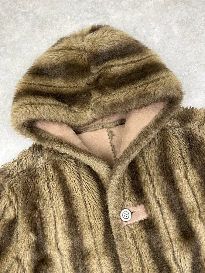 Balmain Beige Faux Fur & Brown Leather Reversible Hooded Coat IqwymKz 7