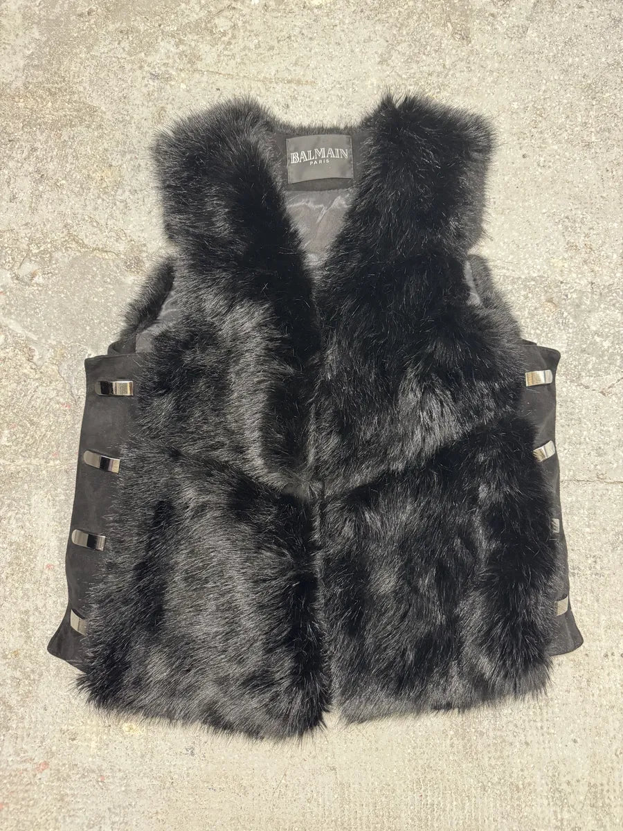 2000s Balmain Black Faux Fur Detachable Vest Jacket (M) 0