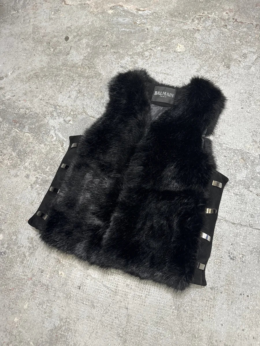 2000s Balmain Black Faux Fur Detachable Vest Jacket (M) 2