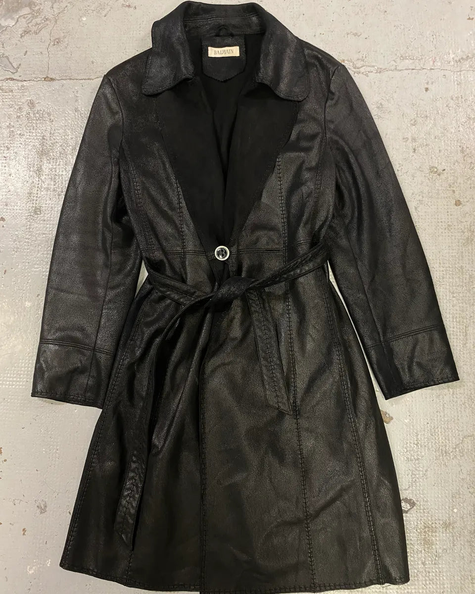 2000s Balmain Black Faux Leather Trench Coat dEpVXUi 0