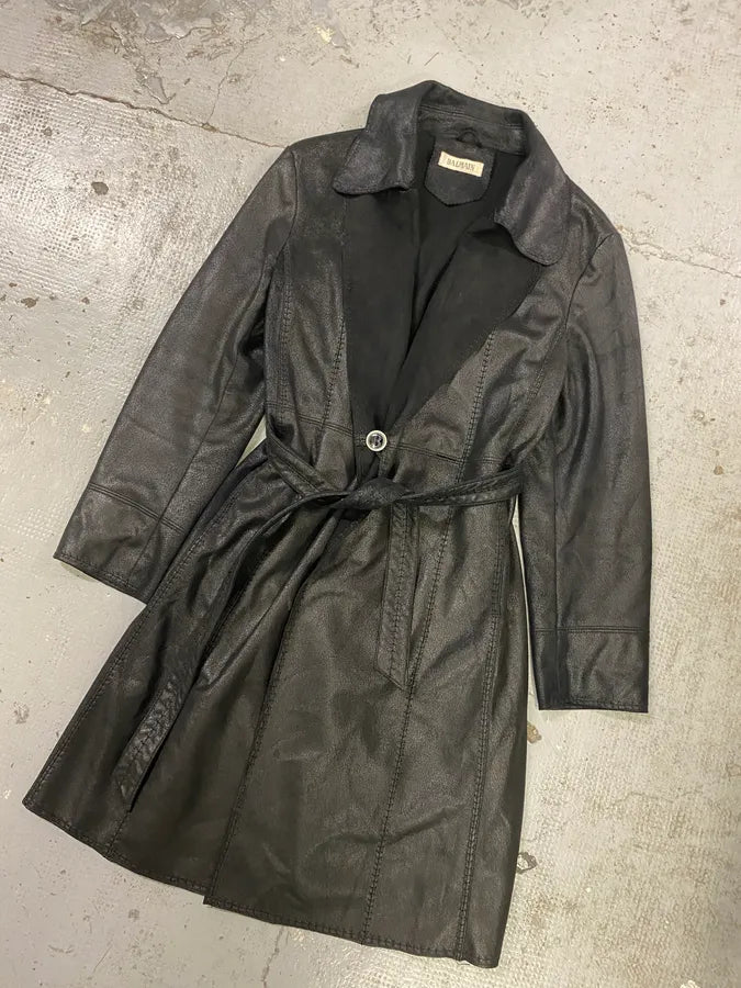 2000s Balmain Black Faux Leather Trench Coat dEpVXUi 2