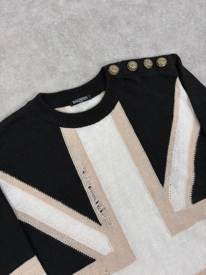 SS2016 Balmain Black Union Jack Wool Distressed Sweater HXYFzUW 4